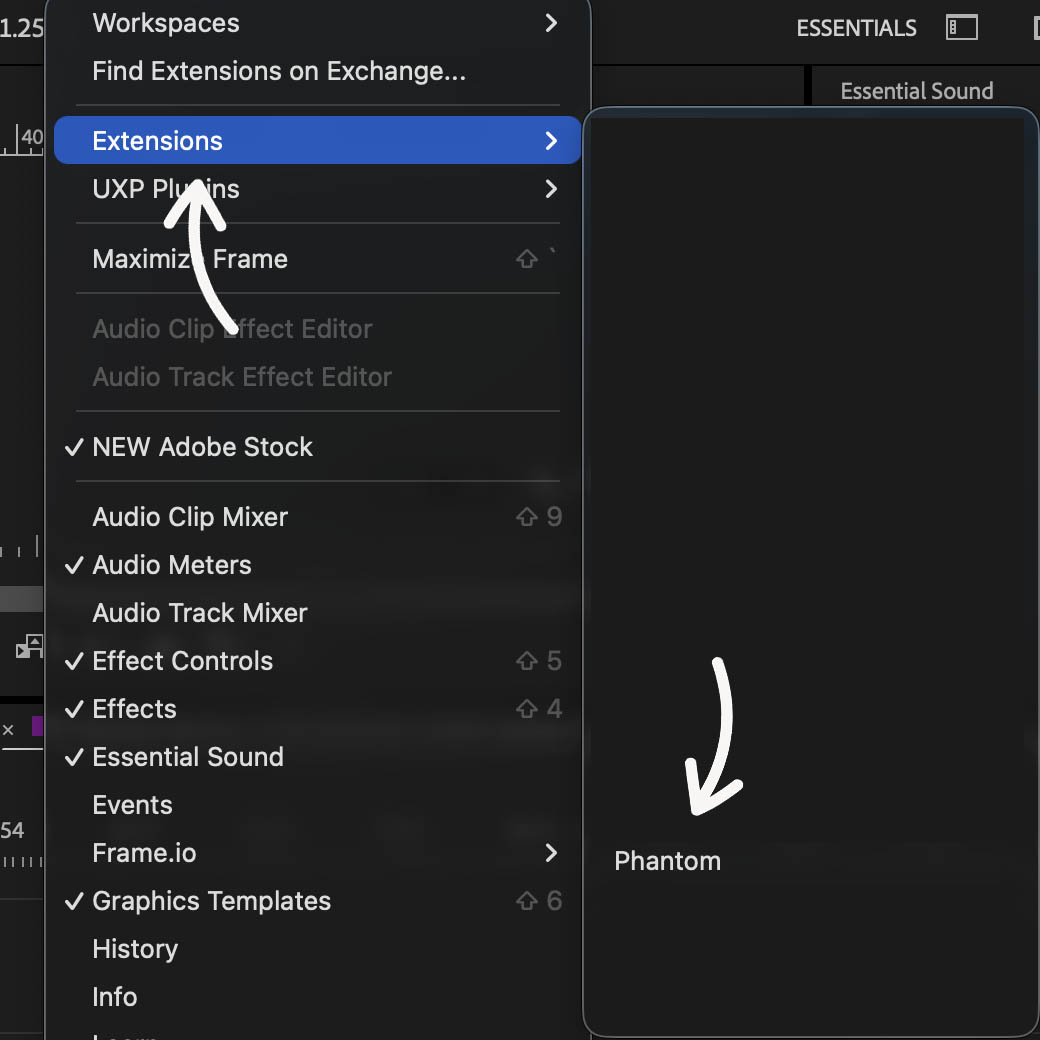 Finding Phantom in Premiere Pro Extensions menu